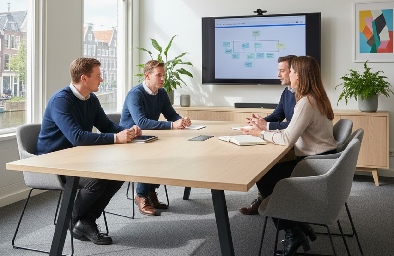 Medewerkers in overleg met elkaar